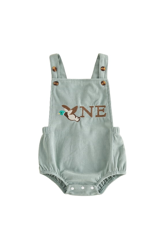 Infant Boy Birthday Bubble Romper Sleeveless Square Neck Cute Mallard Duck Letters Embroidery Jumpsuit
