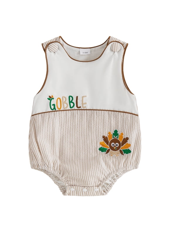 Infant Boy Thanksgiving Bubble Romper Sleeveless Turkey Embroidery Jumpsuit