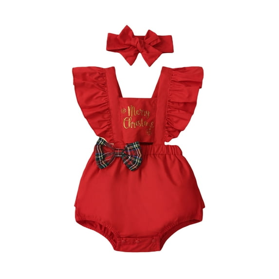 Cenuakty Infant Girl Rompers Christmas Clothes Letter Print Plaid Bowknot Fly Sleeve Jumpsuits Newborn Baby Bodysuits with Headband