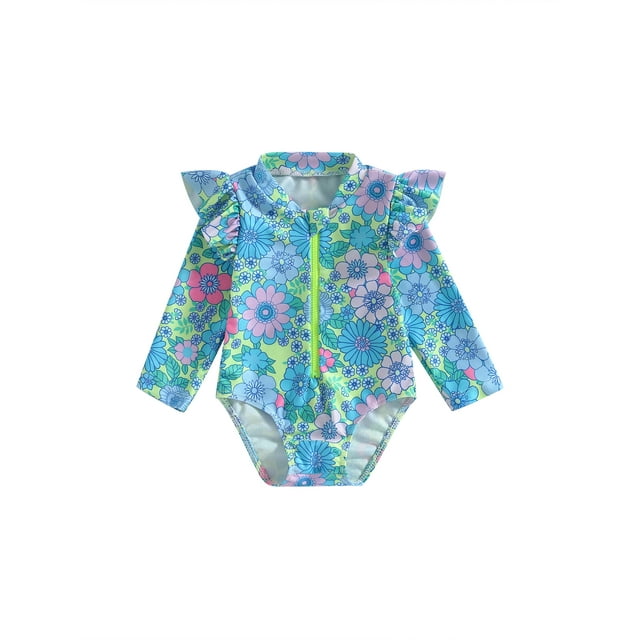 Cenuakty Infant Girls Rash Guard Swimsuit Floral Print Zipper Long Fly