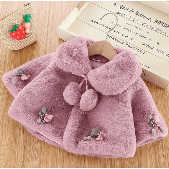 Cenuakty Infant Toddler Girls Cute Thick Fur Capes Cardigan Cloak Coat with Bowknot Pom-Pom Balls Winter Warm Outerwear