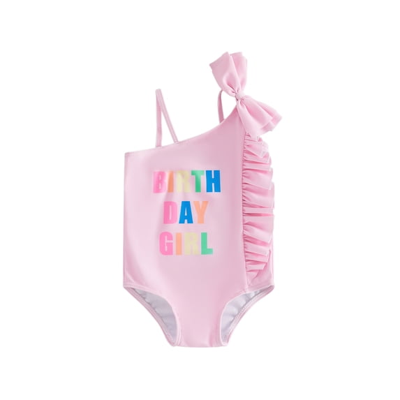 Cenuakty Kids Girl Swimsuits Letter Print Asymmetrical Bow Ruffles Sleeveless Swimwear for Toddler Bathing Suits Beachwear