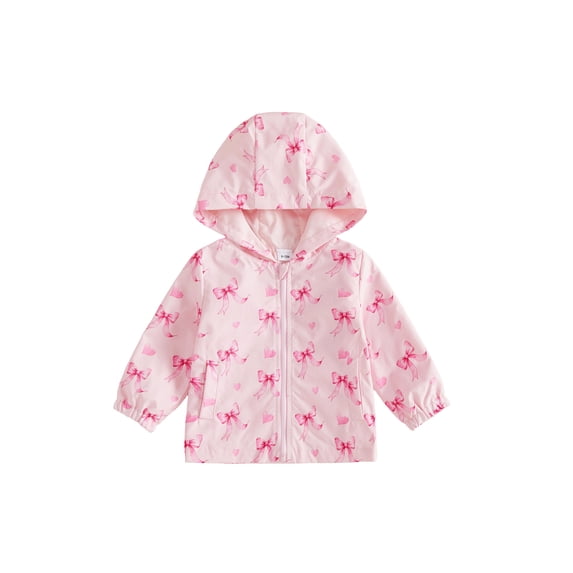 Cenuakty Kids Girl Windbreaker Hooded Jacket Waterproof Bow Print Zip up Cardigan