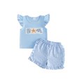 thumbnail image 1 of Cenuakty Little Girls 6M 12M 18M 24M 2T 3T 4T Outfits Adorable Marine Life Embroidery Flying Sleeve Round Neck Tops and Plaid Shorts Set, 1 of 9