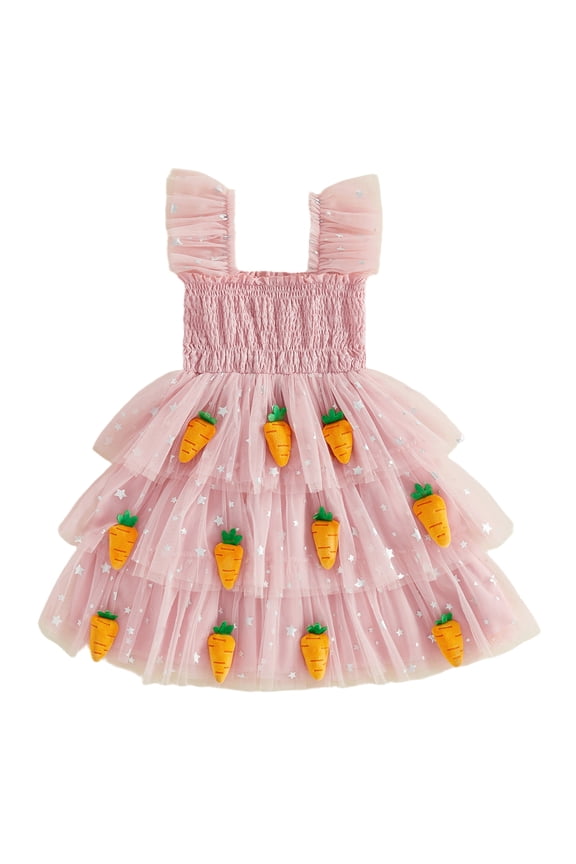 Little Toddler 12M-6T  Girl Easter Dress Casual A Line Carrot Patch Star Smocked Flying Sleeve Ruffled Mesh Dress