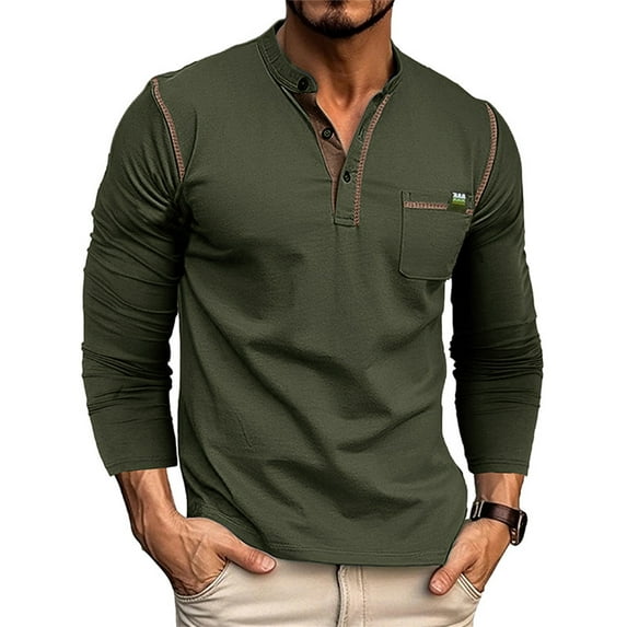Cenuakty Men Henley Shirts Contrast Color Casual Long Sleeve Tops with Pocket Spring Clothes for Beach Vacation Streetwear