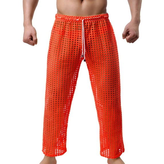 Cenuakty Men's Mesh Fishnet Pants Solid Color See Through Stretchy Muscle Trousers Drawstring Stretchy Sleep Lounge Bottoms