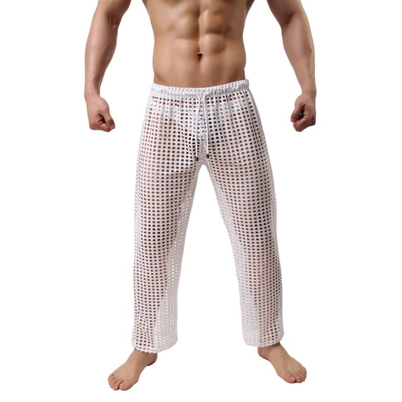 Cenuakty Men's Mesh Fishnet Pants Solid Color See Through Stretchy Muscle Trousers Drawstring Stretchy Sleep Lounge Bottoms