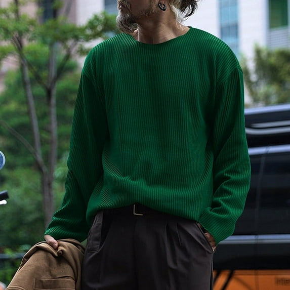 Cenuakty Men's Ribbed Knit Long Sleeve Round Neck Solid Color Sweater Lightweight Pullover Thermal Tops