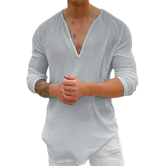 Cenuakty Menacute;s Spring Summer Casual T Shirt Solid Color Long Sleeve V Neck Shirts Loose Fit Tops