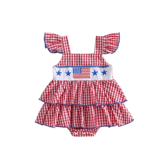 Cenuakty Newborn 0-18M Girls Independence Day Romper Dress Flying Sleeve Square Neck Star Flag Embroidery Plaid Bodysuit