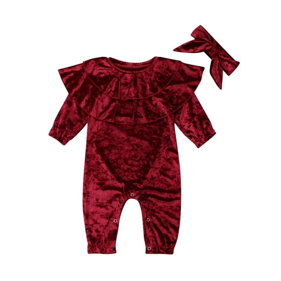 Cenuakty Newborn Baby Girl Bodysuit,0-24M Long Sleeve Velvet Ruffled Solid Color Romper + Bow Headband Outfits Clothes