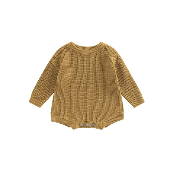 Cenuakty Newborn Baby Romper, Knitting Ribbed Surface Round Neck Long Sleeve Solid Color Crotch Button Bodysuit