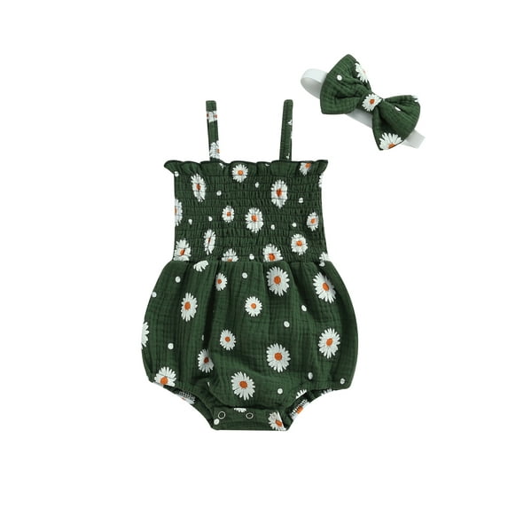 Cenuakty Newborn Girl Outfit, Sleeveless Pleated Flower Print Romper with Bowknot Hairband Summer Clothes