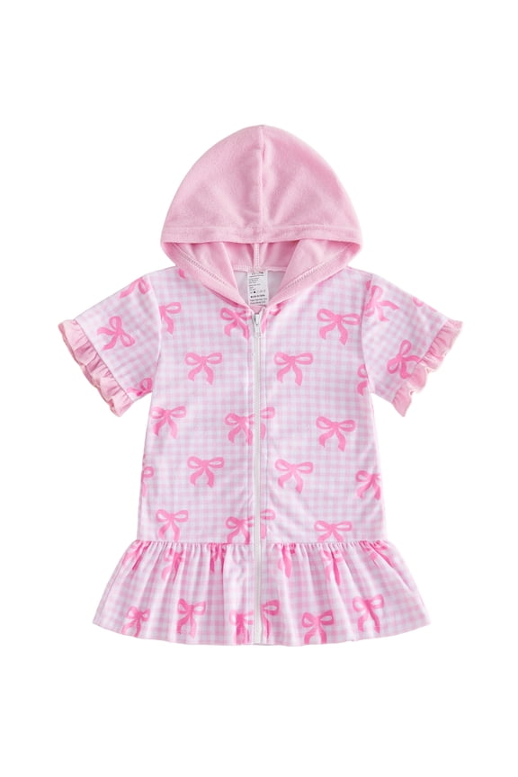 Todder Girls Poncho Towel Bow Stripe/Plaid Print Zip-Up Hooded Swim Cover Ups Beach Towel Dress for Pool Swimming Travelling