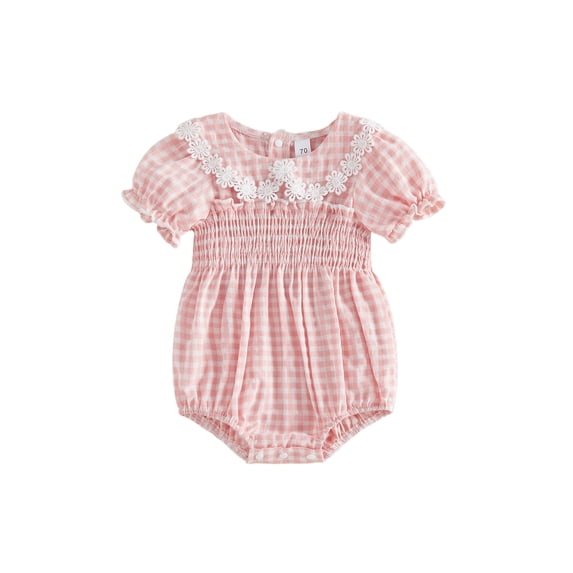 Cenuakty Toddler 0-18M Girls Romper, Short Sleeve Doll Collar Plaid Flower Infant Bodysuit Summer Clothes