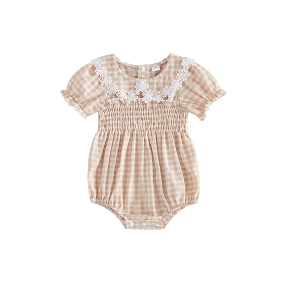 Cenuakty Toddler 0-18M Girls Romper, Short Sleeve Doll Collar Plaid Flower Infant Bodysuit Summer Clothes