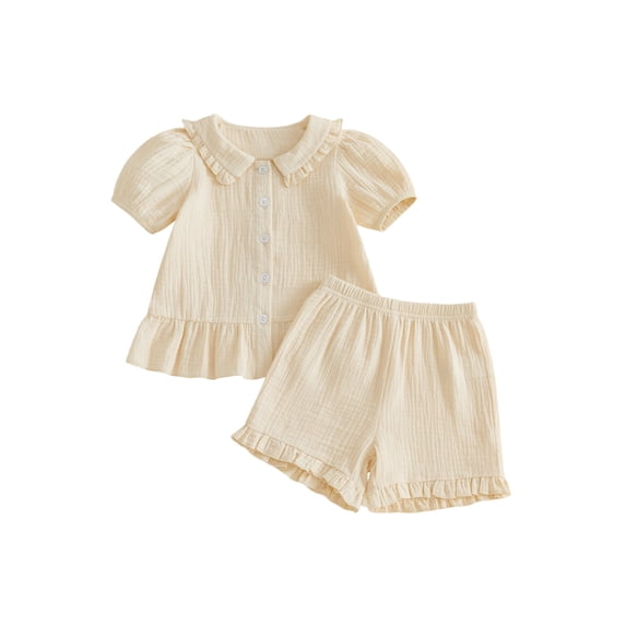 Cenuakty Toddler 0-3T Girls Summer Outfit Ruffled Hem Button up Short Sleeves T-Shirt and Elastic Shorts Set Cute 2 Piece Clothes