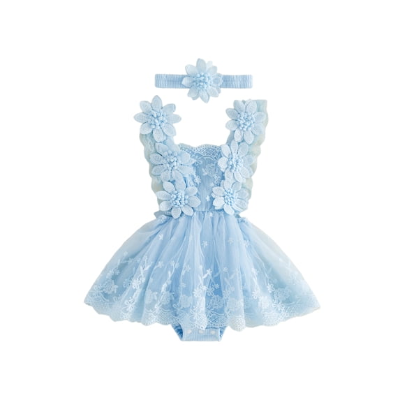 Cenuakty Toddler 3M 6M 12M 18M 24M Newborn Girl Lace Romper Dress Summer Cute Flower Sleeveless Tulle Jumpsuit with Headband