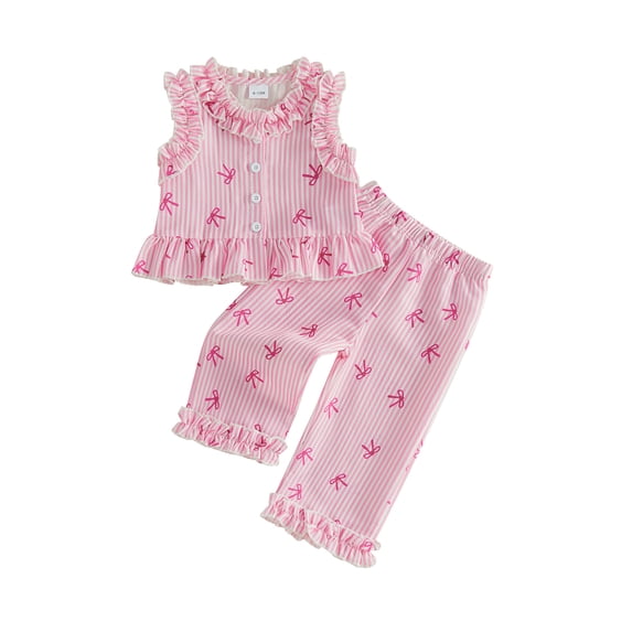 Cenuakty Toddler 6M 12M 18M 24M 2T 3T 4T Girls 2 Outfits Stripe and Bow Print Ruffled Button up Tank Tops and Elastic Pants Set Summer Clothes