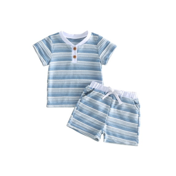 Cenuakty Toddler 6M 12M 18M 2T 3T 4T 5T Baby Boy Summer Outfit Casual Striped Button V Neck Short Sleeve Tops and Shorts 2 Pcs Set
