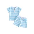 thumbnail image 1 of Cenuakty Toddler 6M 12M 18M 2T 3T 4T 5T Baby Boy Summer Outfit Casual Striped Button V Neck Short Sleeve Tops and Shorts 2 Pcs Set, 1 of 9