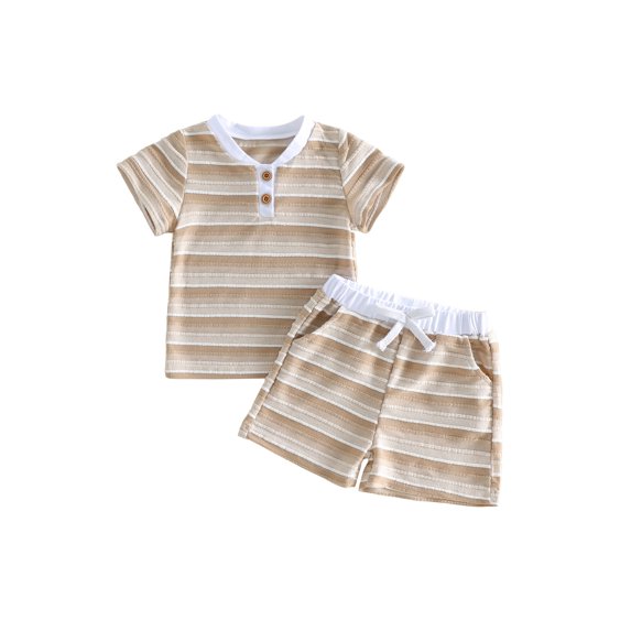 Cenuakty Toddler 6M 12M 18M 2T 3T 4T 5T Baby Boy Summer Outfit Casual Striped Button V Neck Short Sleeve Tops and Shorts 2 Pcs Set