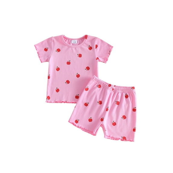 Cenuakty Toddler 6M 12M 18M 2T 3T 4T Girls Back to School Outfit Apple Print Short Sleeve Crew Neck T-Shirt Elastic Shorts 2-Piece Set