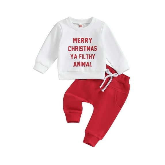 Cenuakty Toddler Baby Boy Girl Christmas Clothes Letter Print Long Sleeve Pullover Elastic Waist Pants 2Pcs Warm Outfit
