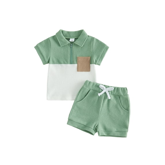 Cenuakty Toddler Baby Boy Shorts Set Contrast Half Zipper Collared Short Sleeve Shirt and Solid Shorts 2 Piece Summer Waffle Outfit