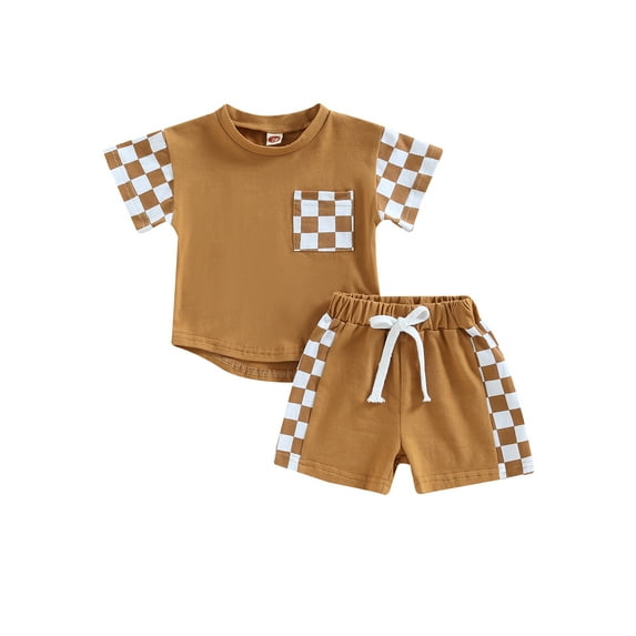 Cenuakty Toddler Baby Boy Summer Clothes Suits Plaid Patchwork Short Sleeve Crew Neck T-Shirts Tops Elastic Waist Shorts 2Pcs Set