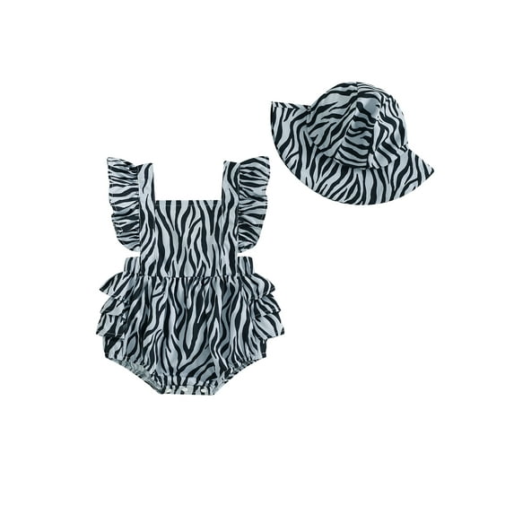 Cenuakty Toddler Baby Girl 2Pcs Summer 0 9 12 18 24 Months 2T 3T Outfits Ruffle Sleeveless Zebra Print Romper with Sun Hat Set