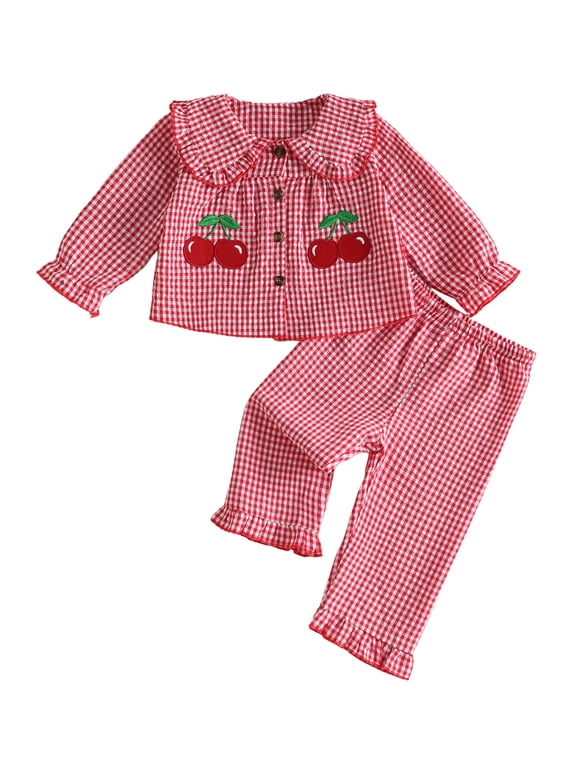 Toddler Baby Girl Fall Outfits Plaid Long Sleeve Tops and Ruffled Pants Set