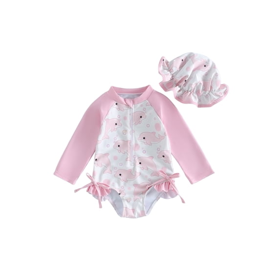 Cenuakty Toddler Baby Girl Swimsuit Set Seashell Flower Long Sleeve Rash Guard Bathing Suit with Sun Cap 2 Piece Outfit