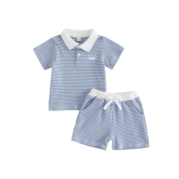 Cenuakty Toddler Boys 6M-4T Summer Outfits Sun Embroidery Stripe Buttons Short Sleeve T-Shirts Elastic Waist Shorts 2Pcs Clothes Set