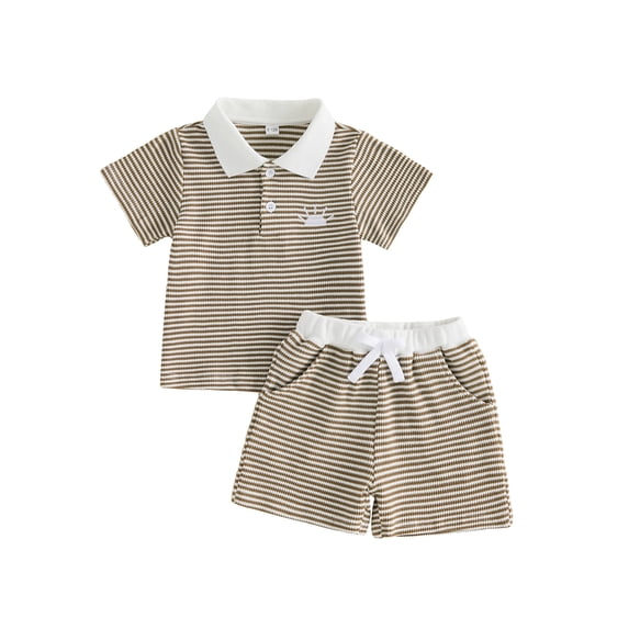 Cenuakty Toddler Boys 6M-4T Summer Outfits Sun Embroidery Stripe Buttons Short Sleeve T-Shirts Elastic Waist Shorts 2Pcs Clothes Set