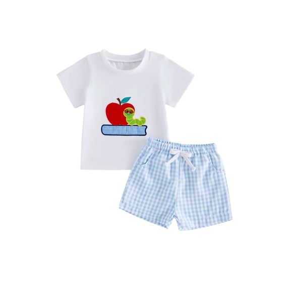 Cenuakty Toddler Boys Back to School Outfits Adorable Apple Caterpillar Embroidery Short Sleeve Round Neck Tops and Plaid Shorts Set