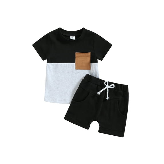Cenuakty Toddler Boys Summer Outfit Sets Short Sleeve Contrast Color Tops + Solid Color Drawstring Shorts