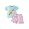thumbnail image 1 of Cenuakty Toddler Girls Back to School Outfits Adorable Bow Bus Embroidery Short Sleeve Round Neck Tops and Striped Shorts Set, 1 of 9