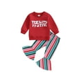 thumbnail image 1 of Cenuakty Toddler Girls Fall Outfits Letter Print Crew Neck Sweatshirts Stripe/Plaid/Santa Print Flare Pants 2Pcs Christmas Clothes Set, 1 of 9