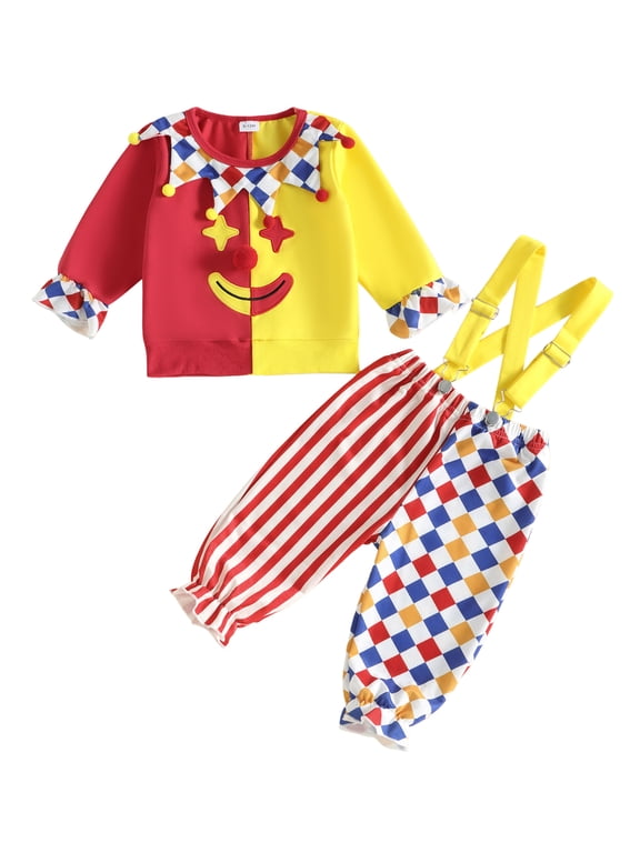 Toddler Halloween Clown Costume Stripes Colorful Plaid Sweatshirt Overalls
