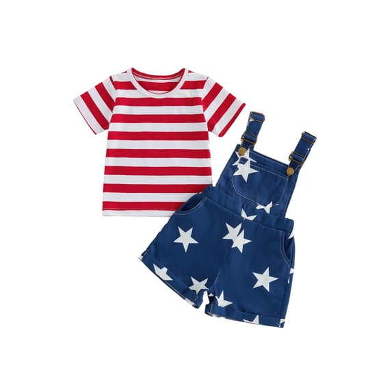 Cenuakty Toddler Newborn 12M 18M 24M 2T 3T 4T 5T Girls 4th of July Outfit Striped Short Sleeves T-Shirt and Rolled Hem Star Denim Overalls Shorts Set