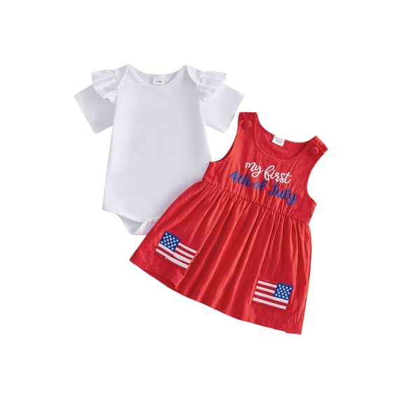 Cenuakty Toddler Newborn 3M 6M 12M 18M Girls 4th of July Outfit Ruffled Short Sleeves Rompers and Letter Flag Embroidery Overalls Dress Set Cute Clothes