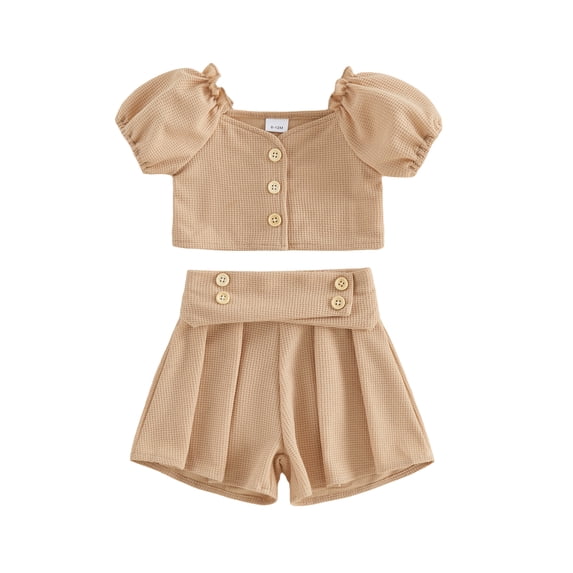Cenuakty Toddler Newborn 6M 12M 18M 24M 2T 3T Girl Summer Outfits Solid Color Short Sleeve Buttons Waffle Tops and Pleated Shorts 2Pcs Clothes Set