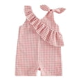 thumbnail image 1 of Cenuakty Toddler Newborn 6M 12M 18M 2T 3T 4T Girl Plaid Sleeveless Romper Asymmetric Ruffled Bodysuit Classic V-Neck Checkered Jumpsuit, 1 of 9