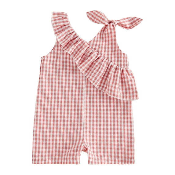 Cenuakty Toddler Newborn 6M 12M 18M 2T 3T 4T Girl Plaid Sleeveless Romper Asymmetric Ruffled Bodysuit Classic V-Neck Checkered Jumpsuit