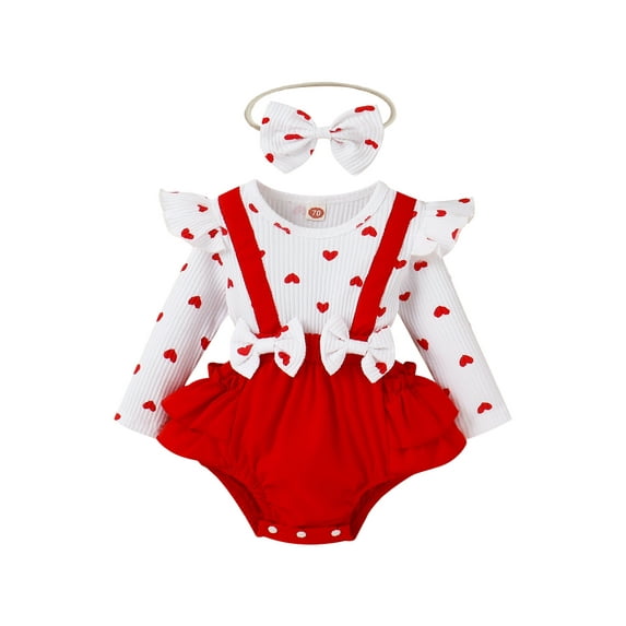 Cenuakty Valentineacute;s Day Infant Girls Romper Heart Print Long Fly Sleeve Crew Neck Ruffles Jumpsuits Baby Bodysuits with Bow Headband