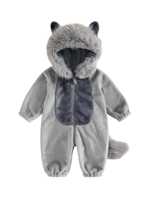 Wolf Costume Warm Long Sleeve Hooded Romper Halloween Plush Jumpsuit