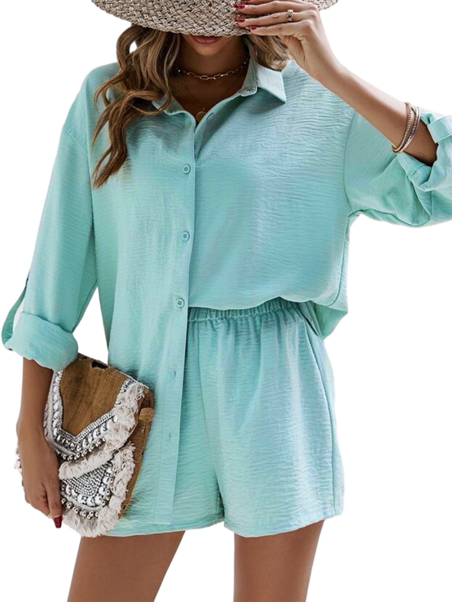 Solid Color Loose Long Sleeve Crop Top and Elastic Waist Pocket Casual Pants Set