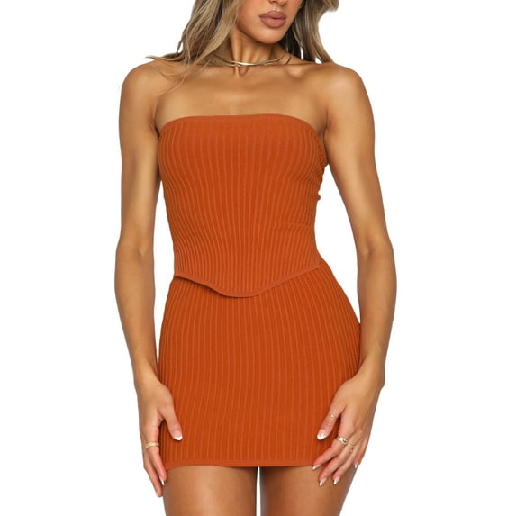 Cenuakty Women 2 Piece Summer Outfits Solid Color Bandeau Tops and Elastic Knitted Mini Skirt Streetwear Aesthetic Beach Clothes